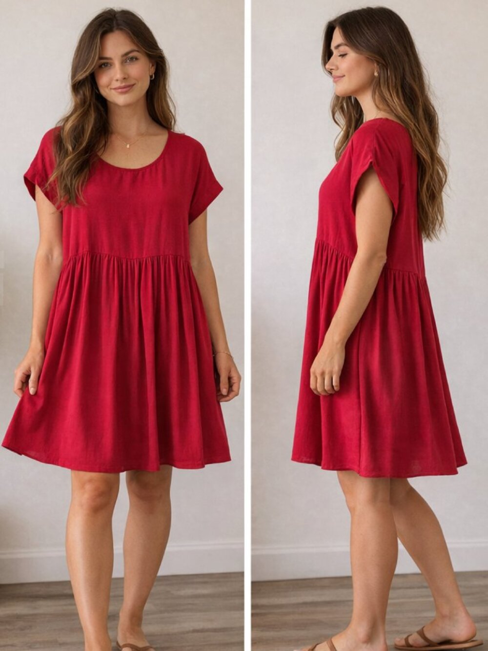 ba&sh Farah Short Sleeve Empire Waist Flowy Red Babydoll Shirt Dress M